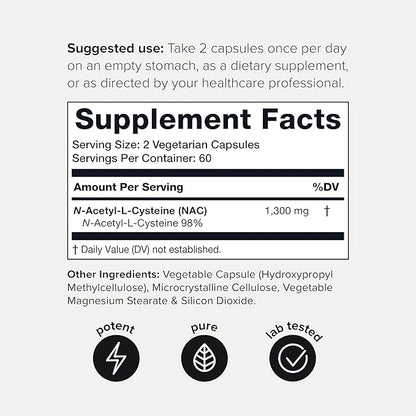 Toniiq 1300mg NAC - 2 Month Supply - Min. 98%+ Tested Purity - Ultra High Strength Bioavailable NAC Cysteine Supplement - 120 Vegetarian N Acetyl Cysteine Capsules -Lab Tested TQ