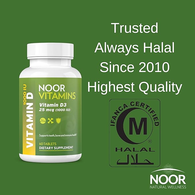Noor Vitamins Halal Vitamin D, Halal Vitamin D3, 1000 IU Tablets, Supports Bone, Immune & Heart Health, Non-GMO, Gluten Free & Halal (60 Count)