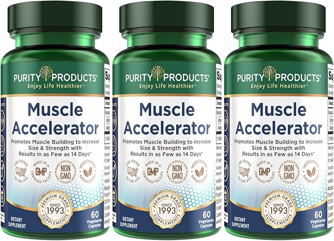 Purity Products Muscle Accelerator 650 mg Patented & Clinically Tested Muscle Accelerator Blend of Ayurvedic Herbal Extracts Promotes Strength, Endurance + Muscle Growth - 60 Veg Caps (3)