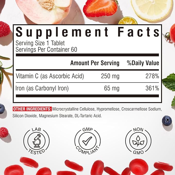 Iron Supplement, 65mg Carbonyl Iron with 250mg Vitamin C, Stomach Friendly Iron Pills for Blood Building Women & Men, High Absorption, No Nausea, No Constipation, Non-GMO, No Gluten, 60 Vegan Tabs
