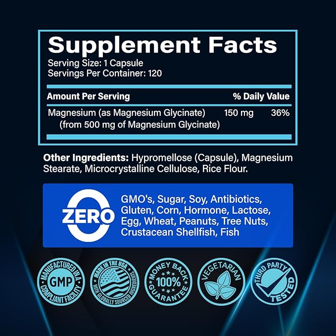 Premium Magnesium Glycinate 500mg Capsules High Absorption Formula Chelated Buffered Glycinate to Support Digestion, Bone, Sleep & Muscle Health - Made in USA - 120 Capsules