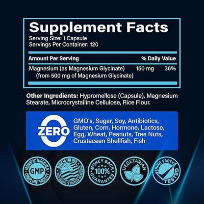 Premium Magnesium Glycinate 500mg Capsules High Absorption Formula Chelated Buffered Glycinate to Support Digestion, Bone, Sleep & Muscle Health - Made in USA - 120 Capsules