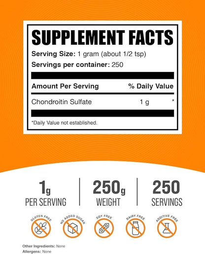 BulkSupplements.com Chondroitin Sulfate Powder - Chondroitin Sulfate Supplements, Chondroitin Sulfate 1000 mg - Gluten Free, 1000mg per Serving, 250g (8.8 oz) (Pack of 1)