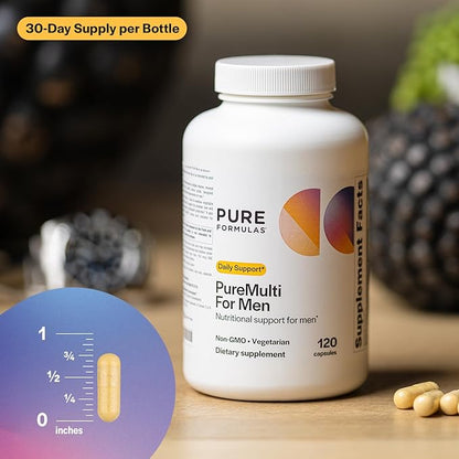 PureFormulas PureMulti for Men - Daily Comprehensive Multivitamin for Men's Health, Vitality, Energy, Focus, & Performance. Mens Vitamins A, C, D, E, & B12, Zinc Calcium, Magnesium & More 60 Capsules