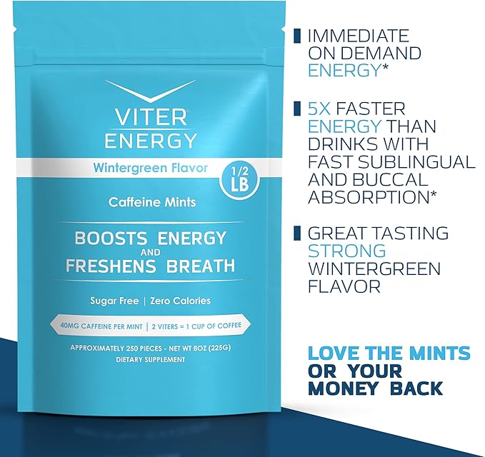 Viter Energy Caffeinated Mints 40mg Caffeine, B Vitamins, Sugar Free. (Wintergreen, 8oz, Bulk Bag)