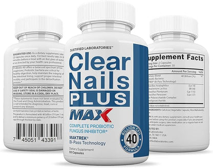 Justified Laboratories (3 Pack) Clear Nails Plus Max Pills 40 Billion CFU Probiotic Supports Strong Healthy Hair Skin Nails 180 Capsules