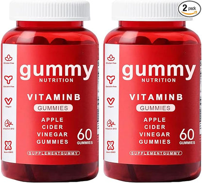 Apple Cider Vinegar Gummies - 60 Count, ACV Gummies Vitamin B12 Supplement, Vegan, Non-GMO, Gluten-Free & Gelatin Free, Apple Flavored Gummy Vitamins for Energy
