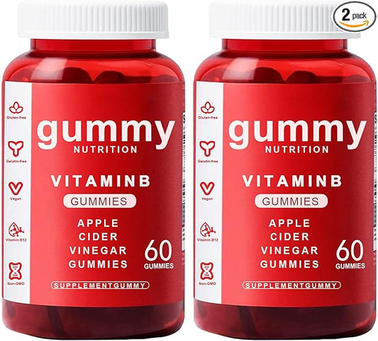 Apple Cider Vinegar Gummies - 60 Count, ACV Gummies Vitamin B12 Supplement, Vegan, Non-GMO, Gluten-Free & Gelatin Free, Apple Flavored Gummy Vitamins for Energy