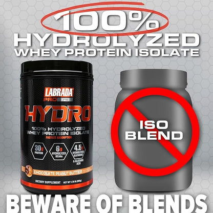 LABRADA HYDRO 100% Pure Hydrolyzed Whey Protein Isolate Powder, Lactose free, 6g BCAA’s, 4.5g Glutamine, Fastest Digesting Whey Available, Instant Mixing, Delicious Taste 20 Servings Choc PeanutButter