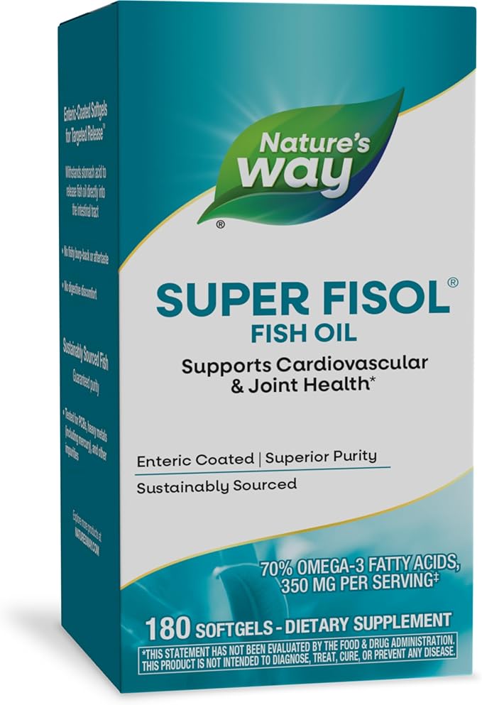 Nature's Way Super Fisol Fish Oil, Enteric Coated, Supports Cardiovascular and Joint Health*, Mega Potency Omega-3s, 180 Softgels (Packaging May Vary)