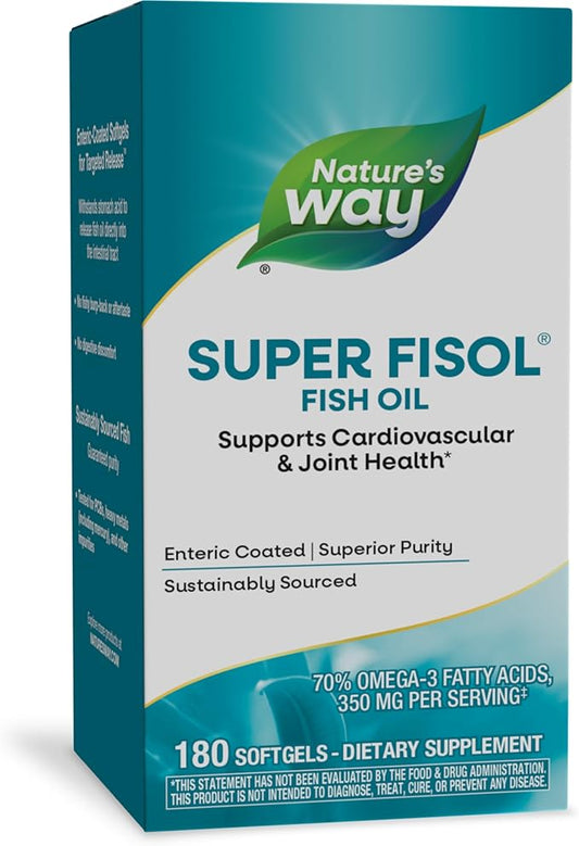 Nature's Way Super Fisol Fish Oil, Enteric Coated, Supports Cardiovascular and Joint Health*, Mega Potency Omega-3s, 180 Softgels (Packaging May Vary)