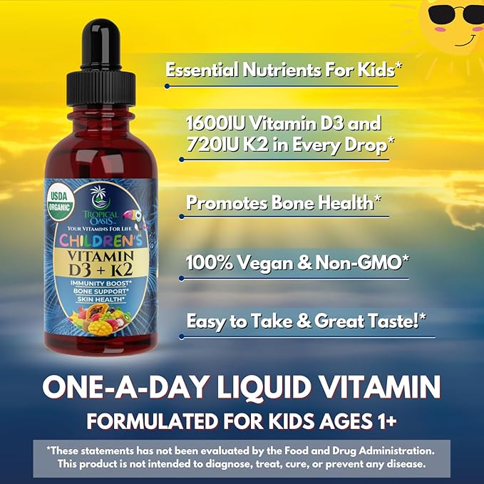 USDA Organic Vitamin D3 K2 Liquid Drops | Vitamin D3 K2 Supplement for Kids & Toddlers Ages 1+ | Kids Supplement for Calcium Absorption Strong Bones | Vegan, Non-GMO | 2 Fl Oz