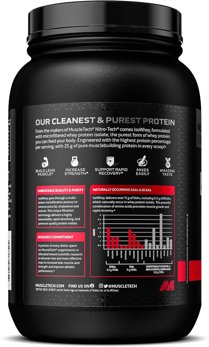 MuscleTech| IsoWhey | Whey Protein Isolate Powder| Muscle Builder for Men & Women | Post Workout Recovery Supplement | Vanilla | 2 lbs | 30 Servings