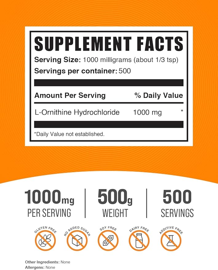 BulkSupplements.com L-Ornithine HCl Powder - L-Ornithine Hydrochloride, Ornithine Supplement - Amino Acids Supplement, Gluten Free, 1000mg per Serving, 500g (1.1 lbs) (Pack of 1)