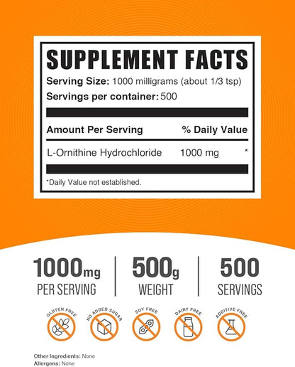 BulkSupplements.com L-Ornithine HCl Powder - L-Ornithine Hydrochloride, Ornithine Supplement - Amino Acids Supplement, Gluten Free, 1000mg per Serving, 500g (1.1 lbs) (Pack of 1)
