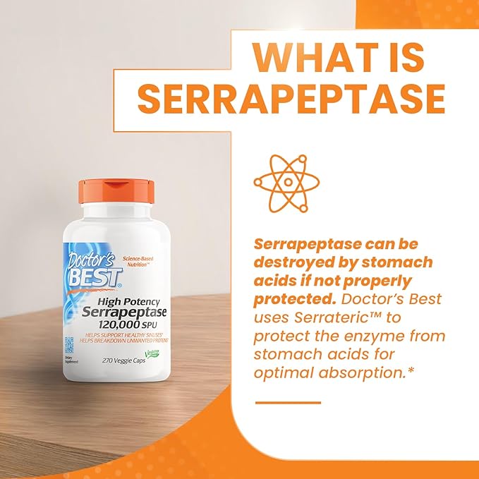 Doctor's Best High Potency Serrapeptase, Supports Healthy Sinuses and a Healthy Immune System, Non-GMO, Gluten Free, Vegan, 120, 000 SPU, 270 Veggie Caps