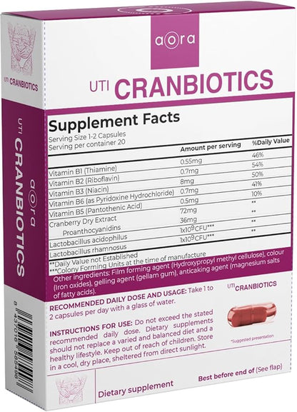 AORA UTI Cranbiotics | URO Probiotic for Women | Dual suppport | Urinary and Vaginal | Cranberry Pills | Vaginal Probiotic | Multivitamin for Women | Yeast Infection