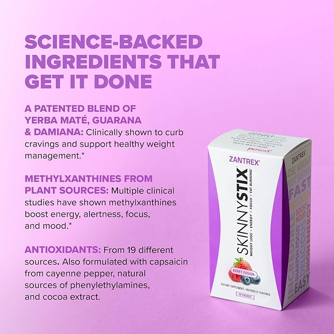 Zantrex SkinnyStix Energy Powder – Lose Weight, GLP-1, Appetite Suppressant, Boost Mood – 10 Calories – Yerba Mate, Coffee Bean – 30 Stix, Berry