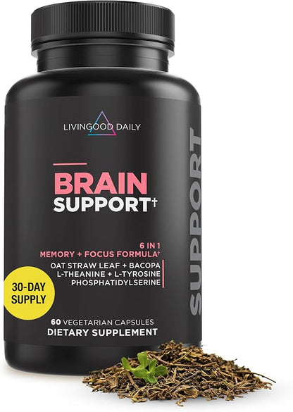 Livingood Daily Brain Supplements for Memory & Focus (60 Capsules) - Nootropic Pills for Adults Support Cognitive & Overall Brain Health - Non-GMO & Vegan Supplement for Women & Men