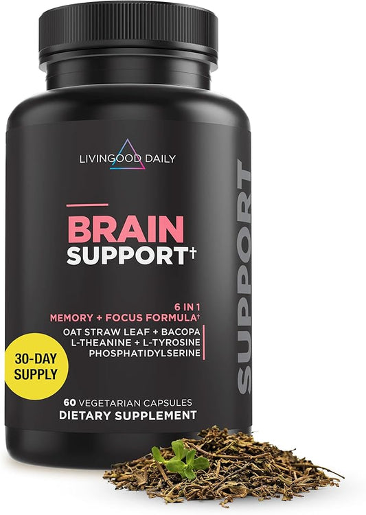 Livingood Daily Brain Supplements for Memory & Focus (60 Capsules) - Nootropic Pills for Adults Support Cognitive & Overall Brain Health - Non-GMO & Vegan Supplement for Women & Men