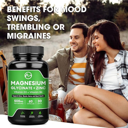 Magnesium Glycinate Capsules, Magnesium Glycinate Supplement with Magnesium Glycinate 500 mg, Zinc, Vitamin D3 & B6 - Promotes Nerve, Bowel, Relaxation Function - 60 Vegan Capsules