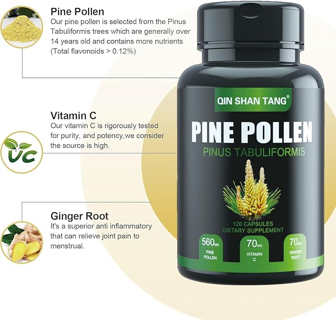 Pine Pollen Supplement wtih Ginger Root and Vitamin C, 99% Cracked Cell Wall,120 Veggie Capsules，Focus＆Immune Improve