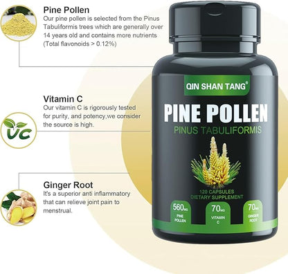 Pine Pollen Supplement wtih Ginger Root and Vitamin C, 99% Cracked Cell Wall,120 Veggie Capsules，Focus＆Immune Improve