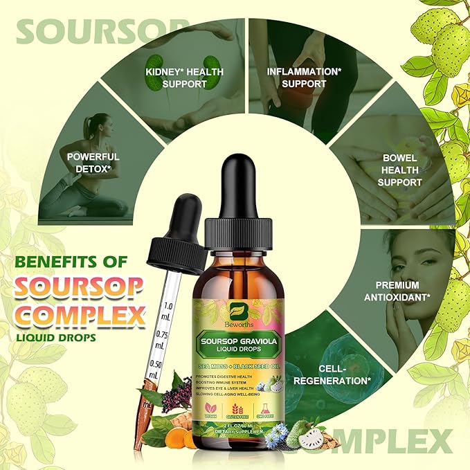 Soursop Bitters Liquid Drops with Irish Sea Moss, Black Seed oil, Soursop Graviola Leaves Extract - Soursop Multivitamin Complex Supports Antioxidant, Slowing Cell-Aging, Gut Cleanse, Detox & Immunity