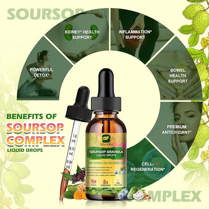 Soursop Bitters Liquid Drops with Irish Sea Moss, Black Seed oil, Soursop Graviola Leaves Extract - Soursop Multivitamin Complex Supports Antioxidant, Slowing Cell-Aging, Gut Cleanse, Detox & Immunity