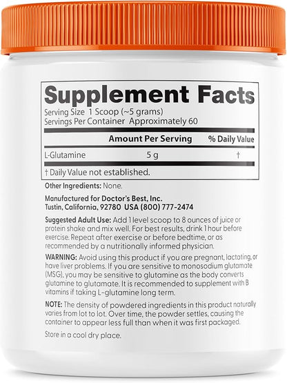 Doctor's Best Pure L-Glutamine Powder, Supports Muscle Mass, Strength & Post-Workout Recovery, Amino Acid, 300g