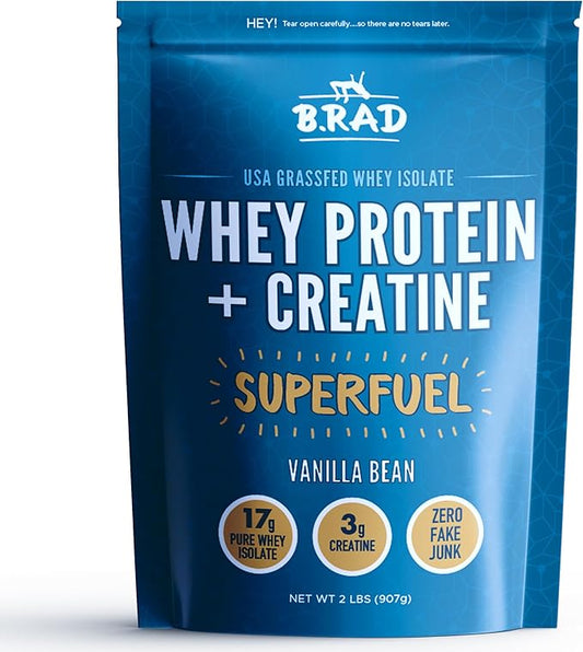 B.rad Grass-Fed Whey Protein Isolate Powder with Creatine | All-Natural, Ultra-Pure, Clean Ingredients | 100% USA-Sourced Superfuel | 2 Pounds | Vanilla Bean