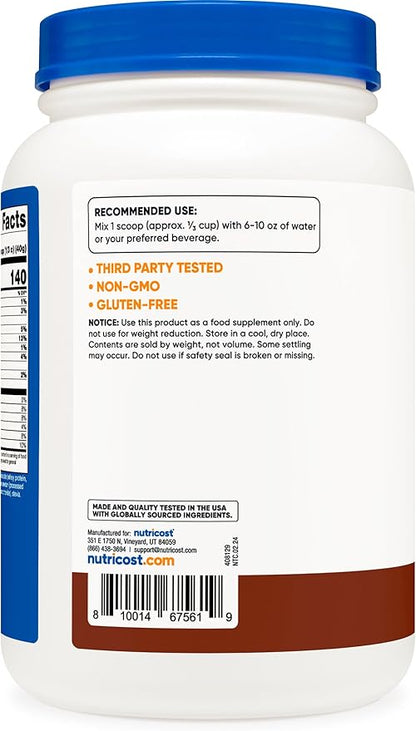 Nutricost Grass-Fed Whey Protein Isolate (Chocolate) 2LBS - Non-GMO, Gluten Free, Natural Flavors