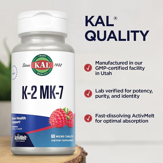 KAL Vitamin K2 MK7 ActivMelt 100 mcg, Vitamin K Supplement as Superior K2 MK7, Bone Health, Heart and Artery Health Support, Natural Raspberry Flavor, Vegan, Gluten Free, 60 Servings, 60 Micro Tablets