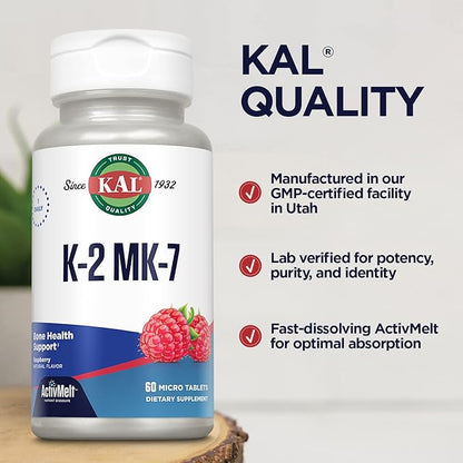 KAL Vitamin K2 MK7 ActivMelt 100 mcg, Vitamin K Supplement as Superior K2 MK7, Bone Health, Heart and Artery Health Support, Natural Raspberry Flavor, Vegan, Gluten Free, 60 Servings, 60 Micro Tablets