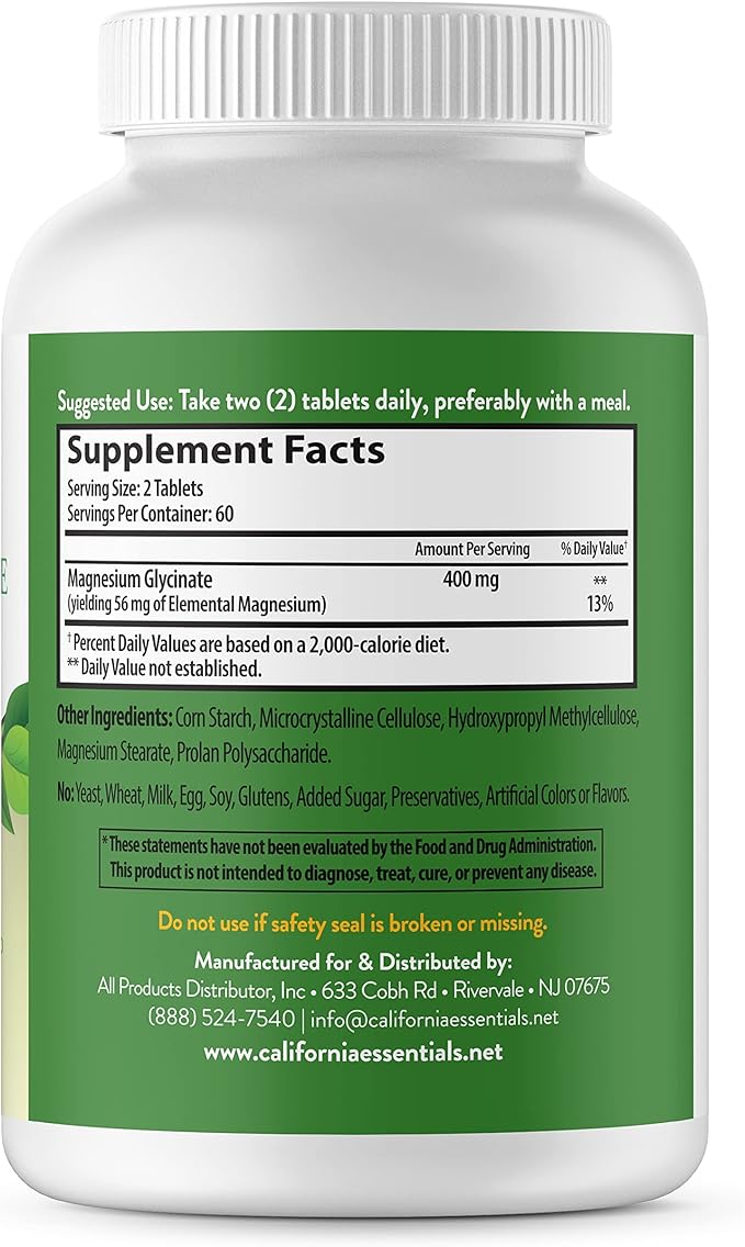 Magnesium Glycinate 400 - Chelated, High Absorption Magnesium for Muscle Relief, Bone & Heart Support -Vegan, Non-GMO, Gluten-Free 120 Tablets (Servings 60, Serving Size (2) 200mg Tablets)