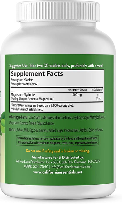 Magnesium Glycinate 400 - Chelated, High Absorption Magnesium for Muscle Relief, Bone & Heart Support -Vegan, Non-GMO, Gluten-Free 120 Tablets (Servings 60, Serving Size (2) 200mg Tablets)