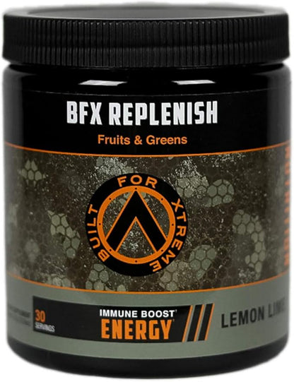 Built For Xtreme Replenish Energy Fruits and Greens Immune Boost, Lemon Lime Flavored Superfood Powder 12.59oz for Total Body Wellness and Immunity Boost