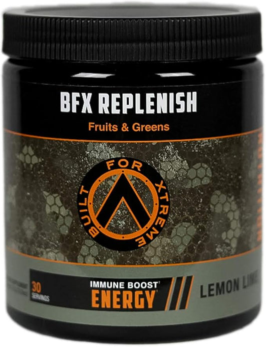Built For Xtreme Replenish Energy Fruits and Greens Immune Boost, Lemon Lime Flavored Superfood Powder 12.59oz for Total Body Wellness and Immunity Boost