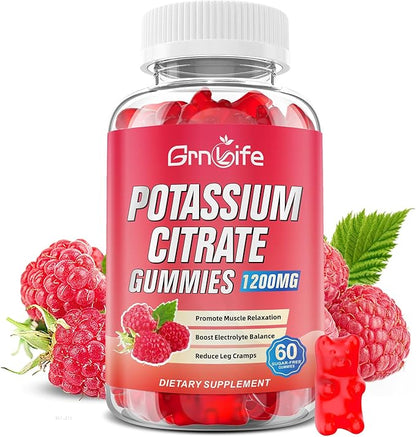 Potassium Citrate Gummies, High Potassium Supplement Gummies 1200mg Support Leg Cramps & Muscle Health, Potassium Gummies for Adults & Kids, Vegan, Raspberry Flavor 60 Count