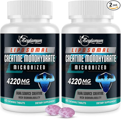 Creatine Chews Tablets for Men & Women, 4220 Mg Chewable Creatine Monohydrate for Energy, Faster Recovery, Strength, Superior Absorption with Liposomal & Micronized, Non-GMO, 60 Servings