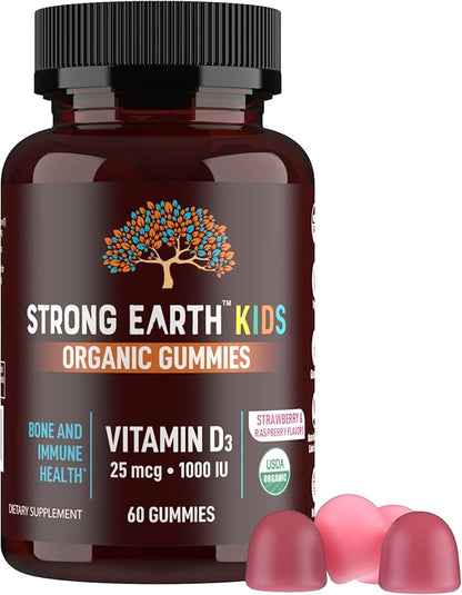 Strong Earth Organic Vitamin D3 Gummies for Kids (1000 IU Vitamin D 3 per Serving, 60 Ct) - Bone & Immune Support Vitamin D Gummies - Vegan Chewable Kids Vitamins - Gummy Vitamin D for Kids & Children