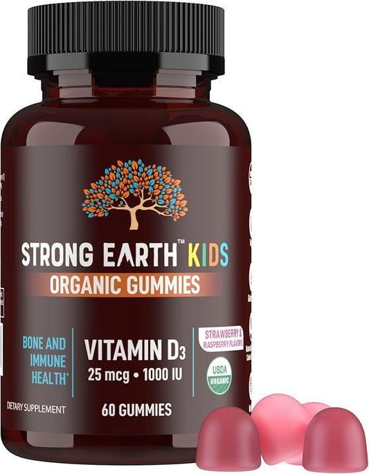 Strong Earth Organic Vitamin D3 Gummies for Kids (1000 IU Vitamin D 3 per Serving, 60 Ct) - Bone & Immune Support Vitamin D Gummies - Vegan Chewable Kids Vitamins - Gummy Vitamin D for Kids & Children
