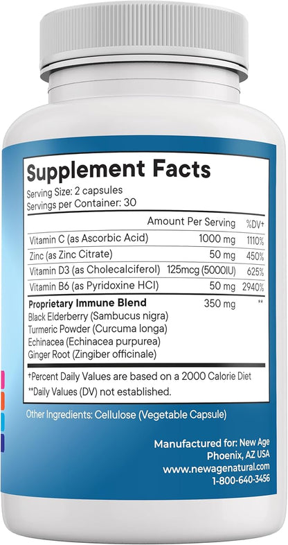 NEW AGE 8 in 1 Immune Support Booster Supplement with Echinacea, Vitamin C and Zinc 50mg, Vitamin D 5000 IU, Turmeric Curcumin & Ginger, B6, Elderberry 120 Count (Pack of 2)