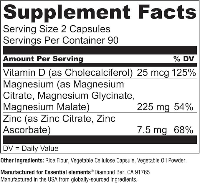 Essential Elements Magnesium & Zinc with Vitamin D3 for Sleep Immune & Bone Support - Magnesium Glycinate, Malate, Citrate 225mg - Triple Magnesium Supplement for Women and Men - 9 Month Supply