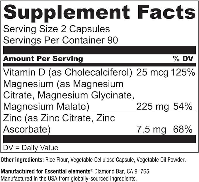 Essential Elements Magnesium & Zinc with Vitamin D3 for Sleep Immune & Bone Support - Magnesium Glycinate, Malate, Citrate 225mg - Triple Magnesium Supplement for Women and Men - 6 Month Supply