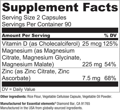 Essential Elements Magnesium & Zinc with Vitamin D3 for Sleep Immune & Bone Support - Magnesium Glycinate, Malate, Citrate 225mg - Triple Magnesium Supplement for Women and Men - 6 Month Supply
