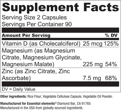 Essential Elements Magnesium & Zinc with Vitamin D3 for Sleep Immune & Bone Support - Magnesium Glycinate, Malate, Citrate 200mg - Triple Magnesium Supplement for Women and Men - 3 Month Supply
