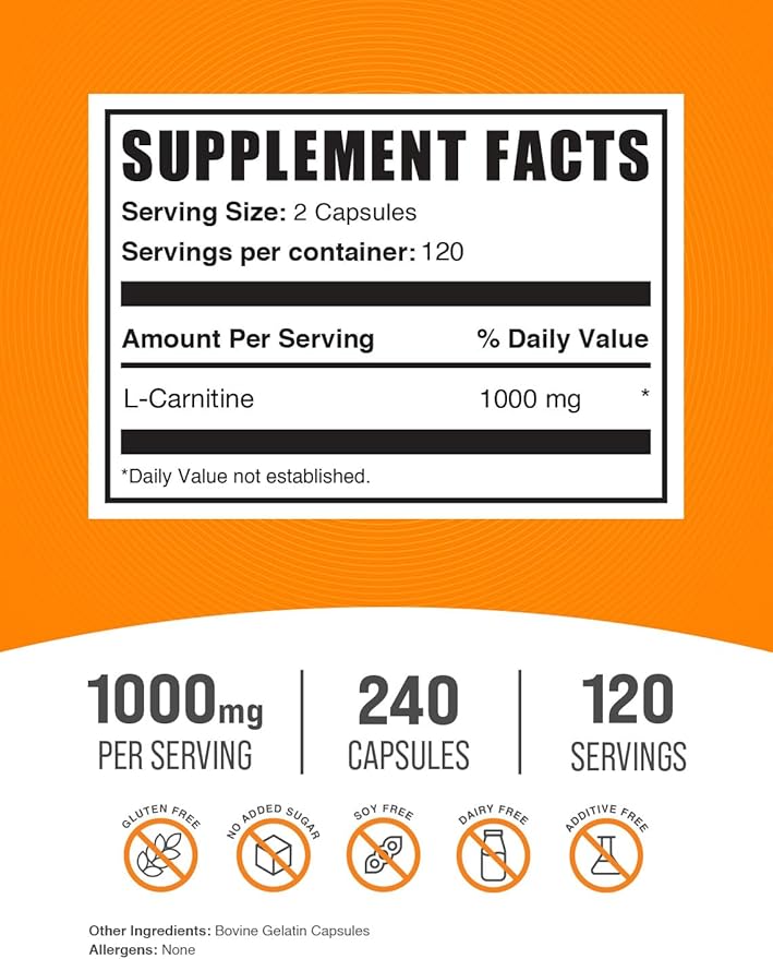 BulkSupplements.com L-Carnitine 1000mg Capsules - Carnitine Supplement, L Carnitine 1000mg, L-Carnitine Capsules - 2 Capsules per Serving (1000mg), 240 Capsules (Pack of 1)