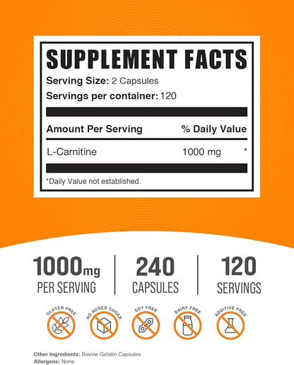 BulkSupplements.com L-Carnitine 1000mg Capsules - Carnitine Supplement, L Carnitine 1000mg, L-Carnitine Capsules - 2 Capsules per Serving (1000mg), 240 Capsules (Pack of 1)