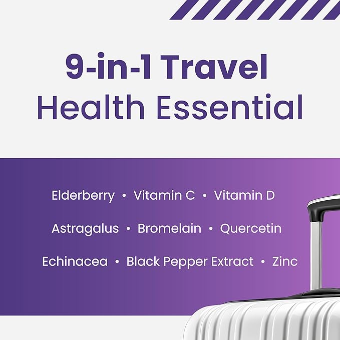 Travel Essential, Immune and Stress Support Gummy, Elderberry, Vitamin C, D, Zinc, Echinacea, Astragalus, Quercetin, Bromelain, Travel Immunity, Flight Essentials, 60ct